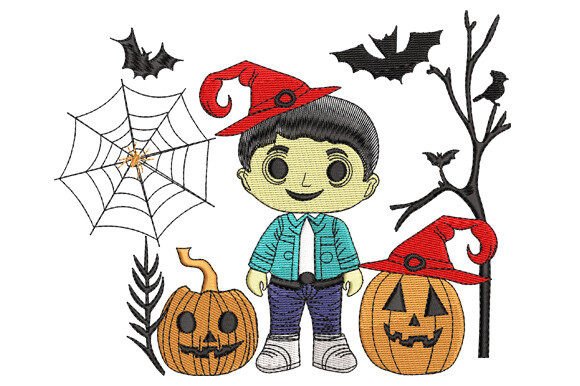 Boy with Halloween Witch Hat and Pumpkin Embroidery